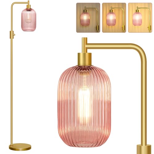 【Upgraded】 Dimmable Floor Lamp for Living Room with Pink Ribbed Glass Lampshade, Gold Modern Floor Lamp with 900LM LED Bulb Included, Arc Standing Tall Lamp for Bedroom, Office, Reading Room, Corner - color: Pink Ribbed Glass-Gold