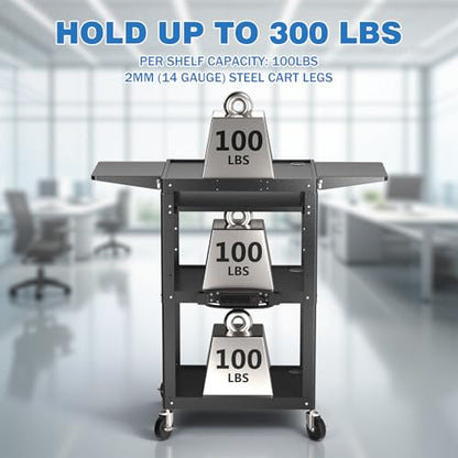 POCHAR Large Steel AV Cart with Power Strip & Drop Leaves - Height Adjustable Metal Media Cart with Wheels - Heavy Duty Rolling Computer Workstation for Laptop Projector Printer TV, Black (46" x 18") - style: AV Cart with Drop Leaves (AV-JM)