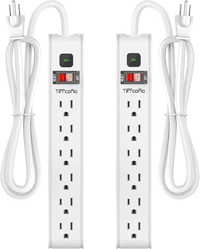 TiFFCOFiO Surge Protector Power Strip, 6 Feet Extension Cord, 600 Joules Surge Protection, Multiple Protection 6 Outlet Strip, 14 AWG Cord, 15A/1875W, ETL Listed, 2 Packs - size: 6 ft, style: 2 PACKS