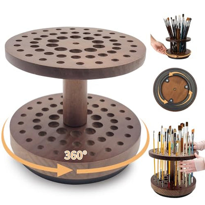 360° Rotating Hardwood Paint Brush Holder, Artist Desktop Storage Organizer - color: brown（52 Holes）