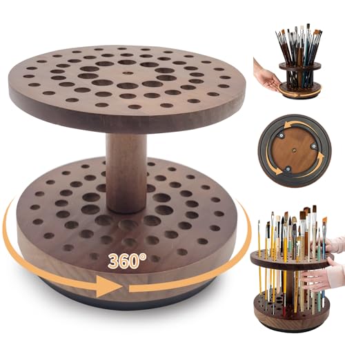 360° Rotating Hardwood Paint Brush Holder, Artist Desktop Storage Organizer - color: brown（52 Holes）