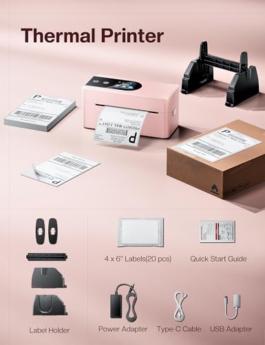 Phomemo PM64D Shipping Label Printer 4x6 Bluetooth with Touch Screen | 150mm/s printing, one-touch calibration, Bluetooth connection, compatible with Amazon, USPS, UPS, iOS, Android, Windows & Mac - color: Pink