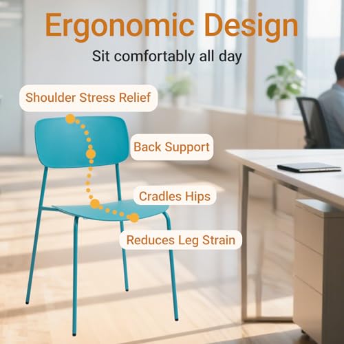 Sidanli Armless Stacking Chairs, Blue, Set of 4 | Ergonomic Plastic Seat, Waterproof, with 2MM Thicken Metal Legs, for Conference Reception Dining Room, Easy to Stack - color: Blue