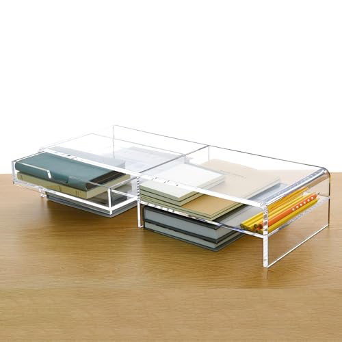 2-Tier Acrylic Monitor Stand Riser with Drawer - 19.68" Large Clear Laptop Stand - Ergonomic Desk Organizer for Computer, iMac, MacBook - Sturdy Storage Shelf for Office Supplies & Home Desktop