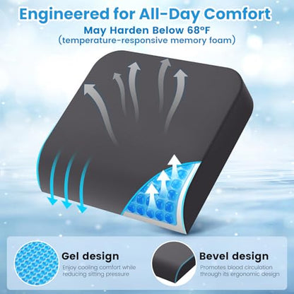Wheelchair Seat Cushion - Cooling Gel & Memory Foam Office Chair Cushion with Non-Slip Bottom & Washable Cover, Ergonomic Car Seat Pillow for Sciatica, Tailbone, Back Comfort (Grey) - color: Grey