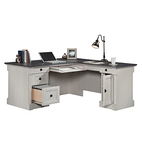 Sauder Palladia L Shaped Desk with Drawers, Office Desk with File Cabinet Storage, Cable Management, Keyboard Tray, in Glacier Oak Finish - color: Glacier Oak