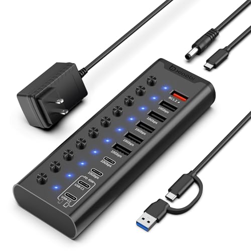 Powered USB Hub, Individual Switches and 24V/3A Power Adapter(Black) - color: Black