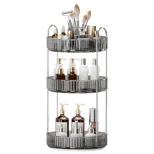 360° Rotating Makeup Organizer, Upgraded 3 Tier Skincare Perfume Organizers for Women, Bathroom Organizer Countertop, Clear Cosmetic Dresser Organizer with Makeup Brush Holder, Sink&Counter(Grey) - color: Grey, size: 3 Tier
