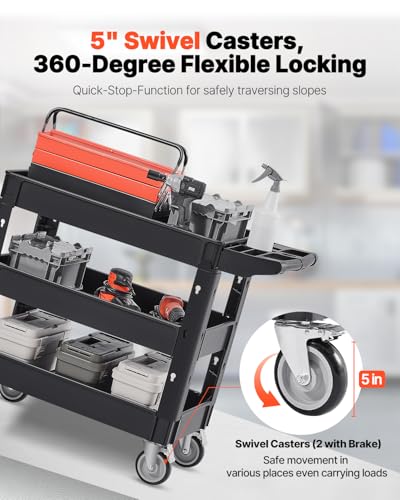 VEVOR Utility Cart, 3-Tier Plastic Service Cart with 550LBS Capacity, 360° Swivel Casters (Including 2 Locking Wheels), Medium Lipped Shelves, Ergonomic Handle, for Garage, Warehouse, Cleaning Tasks