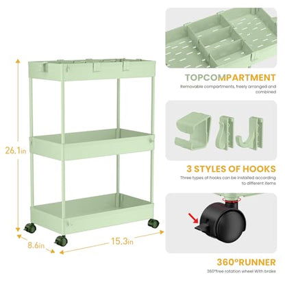 SPACELEAD 3 Tier Rolling Cart with Wheels, Storage Craft Art Trolley Organizer Serving, 3 Hanging Baskets Easy Assembly, for Office, Living Room, Kitchen, Green - color: Green