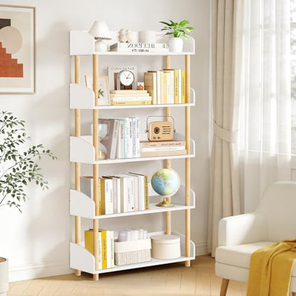 5-Tier Wooden Bookshelf, Modern Open Bookcase with Solid Wood Frame and Top Edge, Sturdy Freestanding Storage Organizer for Living Room, Bedroom, Home Office (White)
