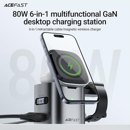 ACEFAST 6-in-1 80W Foldable GaN Wireless Fast Charging Station for iPhone 17/16/15 Series, Desktop Magnetic Wireless Charger Dock Station with USB C Rretractable Cable for AirPods 2/3/4/Pro 2/Pro 3