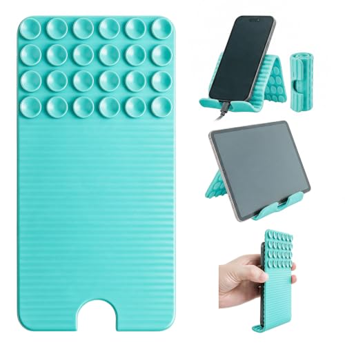 Flexible Silicone Aluminum Phone Holder Tablet Stand with Charging Port Design, Foldable Airplane Laptop/Phone Stand for Home Office Travel (Tiffany - with Suction) - color: Tiffany - with Suction