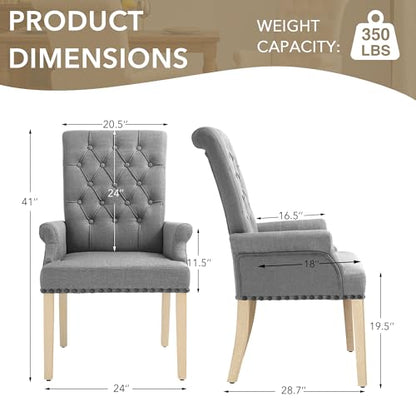 LOULENS Linen Dining Chair with Arms, Tufted Dining Room Chairs, Light Grey | Solid Wood Legs, Nailhead Trim, Accent Chair, Kitchen Chair - color: Grey-a, size: 1 PCS