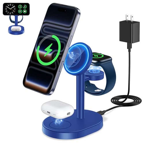 Hevanto 2026 3 in 1 Wireless Charging Station for Apple MagSafe Charger, 15W Fast Magnetic Mag-Safe Charger Stand for iPhone 17 16 15 14 13 12 Apple Watch AirPods with MagSafe Case, Blue - color: Blue, size: 15W