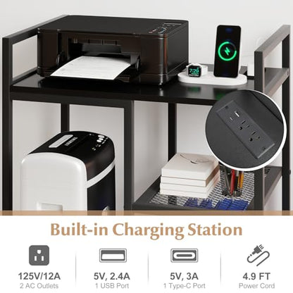 Giantex 3-Tier Printer Stand with Charging Station, 2 Open Storage Shelves, Side PC Stand on Wheels, 25" x 16" Mobile Printer Table for Computer Tower, Printer Shredder, Fax, Under Desk, Home Office - color: Black