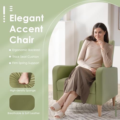 COLAMY Mid-Century Modern Accent Chair, Faux Leather Upholstered Living Room Chair with Back Pillow & Solid Wood Legs, Comfy Armchair for Living Room, Bedroom, Single Sofa, Light Green - color: Light Green, size: Set of 1