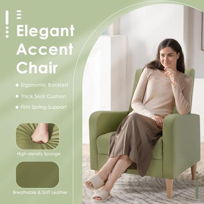 COLAMY Mid-Century Modern Accent Chair, Faux Leather Upholstered Living Room Chair with Back Pillow & Solid Wood Legs, Comfy Armchair for Living Room, Bedroom, Single Sofa, Light Green - color: Light Green, size: Set of 1