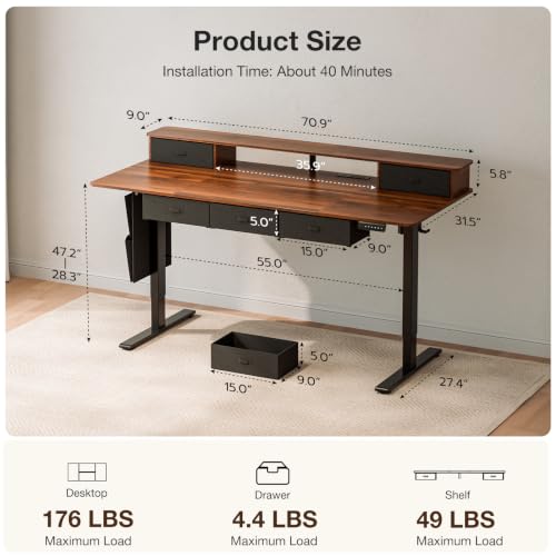 71x32 Inch Electric Standing Desk with 5 Drawers, Sit Stand Desk with Power Outlets, Monitor Shelf, LED Light and Cable Management, Height Adjustable 28.3-47.2 Inch for Home & Office, Walnut - color: Walnut, size: 71x32Inch
