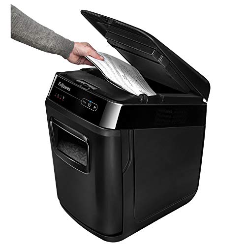 Fellowes 150-Sheet Cross-Cut Auto Feed Shredder, Black, AutoMax 150C; 9-Gallon Waste Bags, 100 Bags, 36053