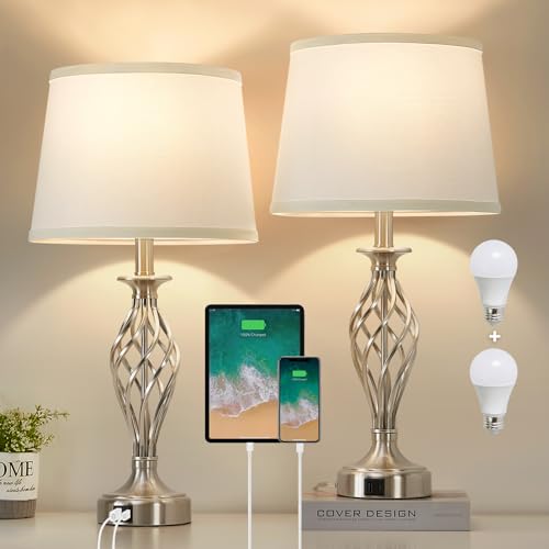 Table Lamp for Bedroom Set of 2 with USB C+A Ports,Modern Night Stand Lamps - color: Silver Base + White Lampshade