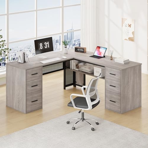 HSH L Shaped Desk with Drawers, Light Grey Corner Desk with Storage, 59 in | Large Home Office Corner Computer Desks with Storage File Cabinet, Modern Metal Wood Desks for Executive Writing Workstation - color: Light Grey Oak