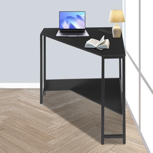 Corner Desk Triangle, Triangle Corner Desk with Outlet, Computer Table with Storage Shelf, Black, Space Saving, for Home Office, Dorm, Small Spaces