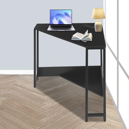 Corner Desk Triangle, Triangle Corner Desk with Outlet, Computer Table with Storage Shelf, Black, Space Saving, for Home Office, Dorm, Small Spaces