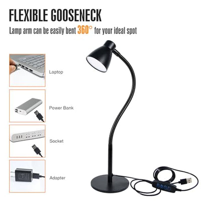 Small Dimmable Gooseneck LED Desk Lamp for Home Office, CRI 90+ Eye-Caring Reading Light, Adjustable Brightness, Perfect for Study Desk (Adapter Included)
