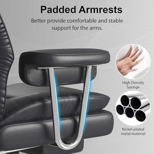 Big and Tall Office Chair, Executive Home Office Desk Chair, Comfy Leather High-Back Reclining Computer Chair with Retractable Footrest and Padded Arms, 360°Swivel Rolling Wheels, Wide Seat, Black - color: Black
