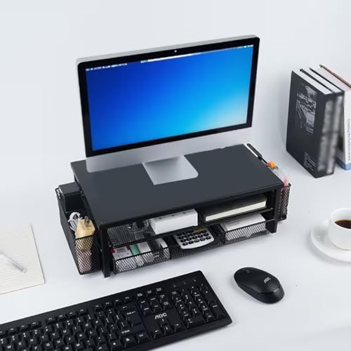 2 Tier Metal Monitor Stand Riser with Drawer, Desk Organizer with 2 Pen Holders Ergonomic Computer Stand for Office Home Dorm