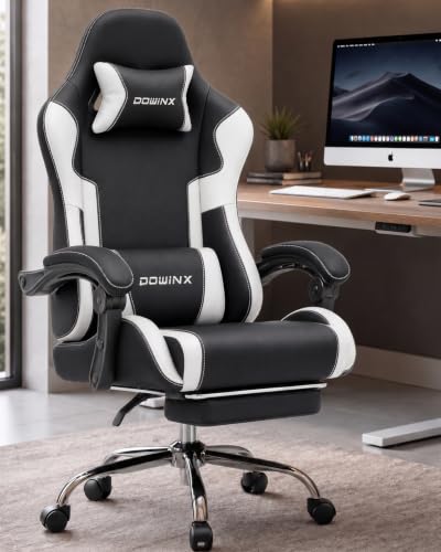 Dowinx Ergonomic Gaming Chair with Footrest & Massage Lumbar, 2D-Linkage Armrests for Computer Chair 330lbs with Headrest Pillow for Office, Home, Streaming and Long Gaming Sessions, White - color: White