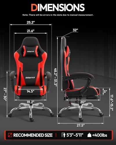 Dowinx Ergonomic Gaming Chair with Footrest & Massage Lumbar, 2D-Linkage Armrests for Computer Chair 330lbs with Headrest Pillow for Office, Home, Streaming and Long Gaming Sessions, Red - color: Red