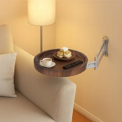 Folding Wall Mounted Table Round Tray, Extendable Desk with Metal Arm, Rotating Floating Shelf, Fold Down Space Saving Side Table, Nightstand Extender for Bedroom, Living Room, Bay Window