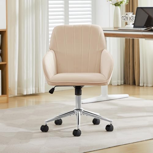 YITAI Velvet Office Desk Armchairs with Silver Base and Wheels,Modern Height Adjustable 360 Degree Swivel Upholstered Vanity Chairs for Living/Room Bedroom/Study,Khaki - color: Silver Khaki