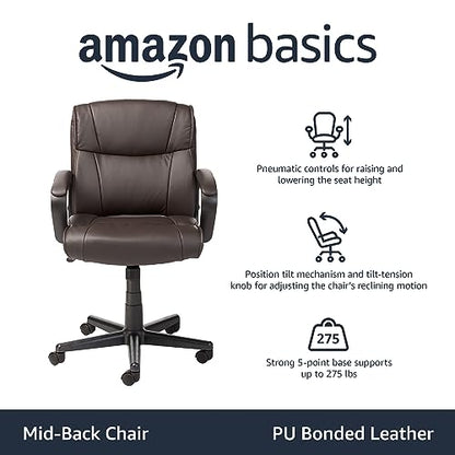 Amazon Basics Office Task Chair with Adjustable Height, 360° Swivel, Padded Armrests, Mid-Back, Rolling, 275 Pound Capacity, 24"D x 24.2"W x 34.8"H, BIFMA Certified, Dark Brown Faux Leather - color: Dark Brown