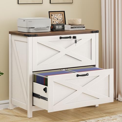 Halitaa Farmhouse Lateral File Cabinet with 2 Drawers, White and Brown - color: Rustic White and Brown, size: 2 Drawers