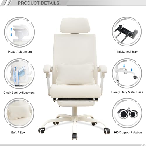 Qulomvs Ergonomic Office Chair with Footrest Home Office Desk Chair with Headrest and Backrest Adjustable Mesh Computer Desk Chair with Wheels 360 Swivel Task Chair - color: Cream White(upgrade Comfort With Pillow)
