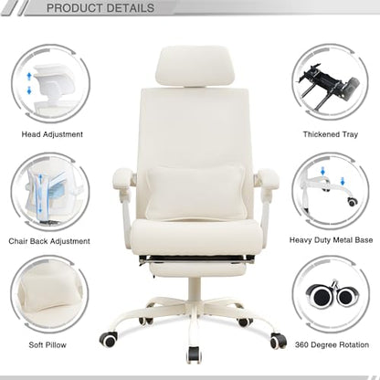 Qulomvs Ergonomic Office Chair with Footrest Home Office Desk Chair with Headrest and Backrest Adjustable Mesh Computer Desk Chair with Wheels 360 Swivel Task Chair - color: Cream White(upgrade Comfort With Pillow)