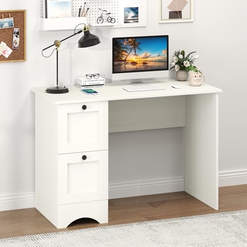 Giantex Computer Desk with 2 Drawers, 43” Wooden Home Office Desk with Charging Station, Compact Study Writing Desk, Modern Laptop PC Desk Computer Workstation for Bedroom, Living Room (White) - color: White