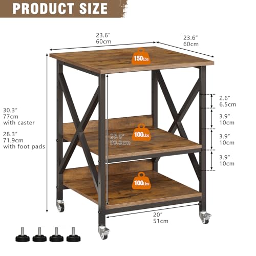 VENNQD 23.6 x 23.6 x 30.3 Inches Printer Stand, Large Printer Table with Adjustable Middle Shelf, Rolling Printer Cart with Wheels, 3 Tier Printer Table for Home Office Scanner Fax, Rustic Brown - color: Rustic Brown