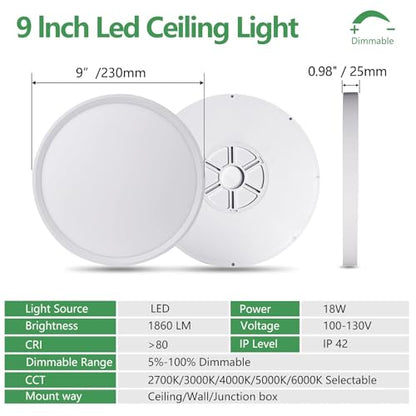9Inch 6PK White LED Flush Mount Ceiling Light, Dimmable 5CCT, 18W, 1860LM | 2700K/3000K/4000K/5000K/6000K CCT, White Close to Ceiling Round Flat Panel Light, Super Slim LED Ceiling Light for Bedroom - color: White, size: 9"-6PK-DM