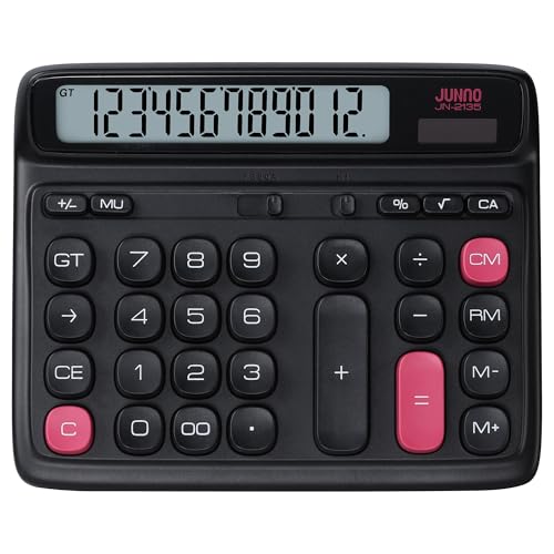 12-Digit Desktop Calculator, Dual Power (Solar & Battery), 7.7inch | Modern Color-Clash Aesthetic Design, Ergonomic Tilted Large LCD Display for Office, School and Accounting (Black) - color: Black