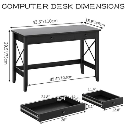 JSB 43.3 Inch Black Computer Desk with 2 Drawers for Home Office Bedroom - color: Black, size: 43.3 inch