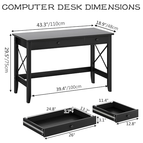 JSB 43.3 Inch Black Computer Desk with 2 Drawers for Home Office Bedroom - color: Black, size: 43.3 inch