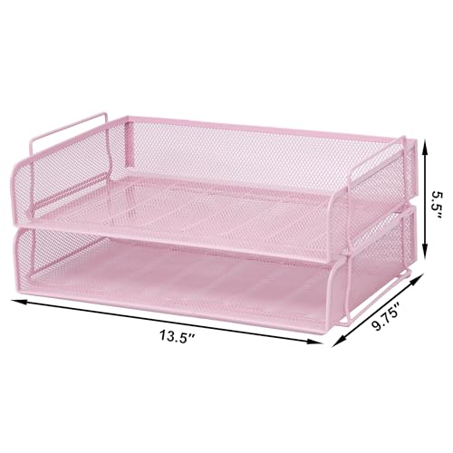 2 Pack Stackable Desk Paper Tray, Metal Mesh Desktop Document Letter File Organizer for Office Home School, 13.5'' L x 9.75'' W x 5.5'' H, Pink - color: 2 Pack Pink