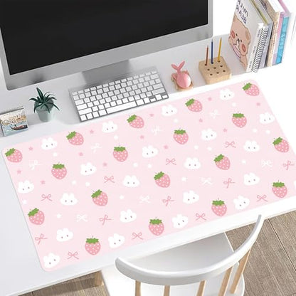 Pink Strawberry Desk Mat, Cute Extended Gaming Keyboard Mouse Pad, Large Office Desk Cover Mat Pad Deskmat, Non-Slip Leather Home Office Desk Mat Protector 23.6"x11.8" - color: Pink Strawberry, size: 23.6" x 11.8"