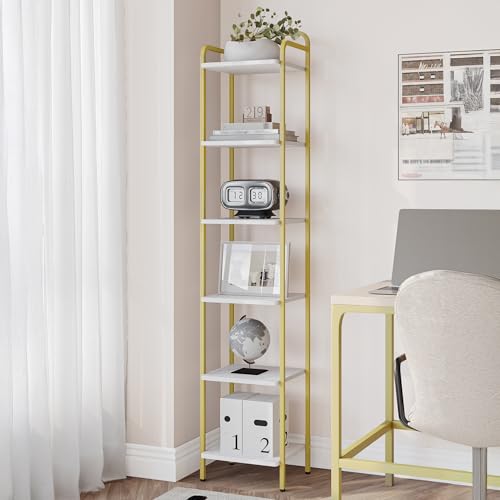 Hzuaneri Bookcase Bookshelf, Narrow Book Shelf, Industrial Corner Shelf - color: White Gold, size: 11.8"D x 13"W x 65.4"H