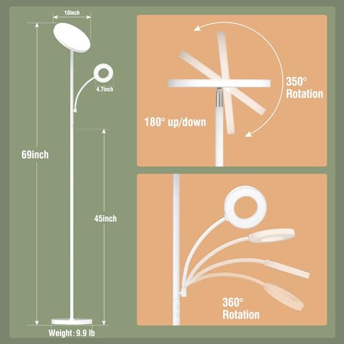 marctronic White Floor Lamp, 42W 4000LM Super Bright LED Room Lamp with Adjustable Reading Light,Dimmable Modern Standing Lamp with Remote & Touch Control for Room Bedroom Office Floor Light - color: White 42W