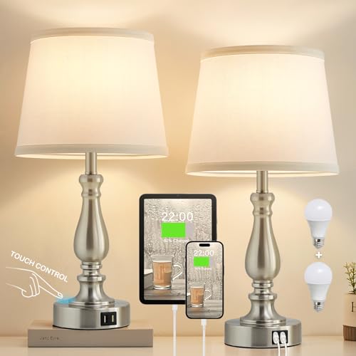 EJIAXIN Table Lamps for Bedrooms Set of 2 - Touch Bedside Lamps with USB C+A Ports,Dimmable White Nightstand Lamps for End Tables, Farmhouse Night Stand Lamps for Living Room Bed Side Guest Room - color: Brushed Nickel Base and White color
